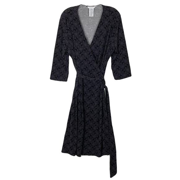 NWOT GEORGE Dress XL Black Purple Stretch Wrap 3/4 Sleeve Knee Geo-Pattern - Picture 2 of 9